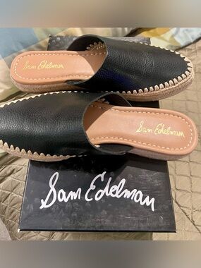 Sam Edelman women’s NWT Black Leather Espadrille Slide Mules